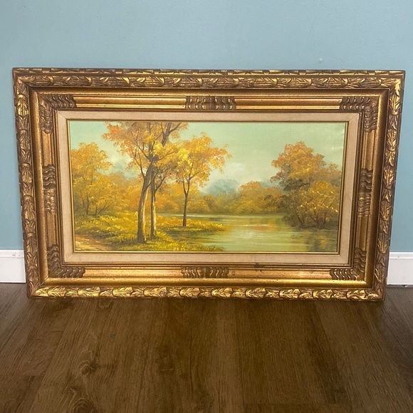 autumn scape textured oil painting in wood carved ornate mirror MCM - Picture 1 of 12